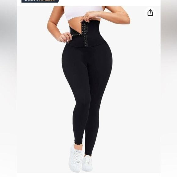 High-Waisted Black Tummy Control Leggings With Hook Closure & Side Pockets - Picture 1 of 8